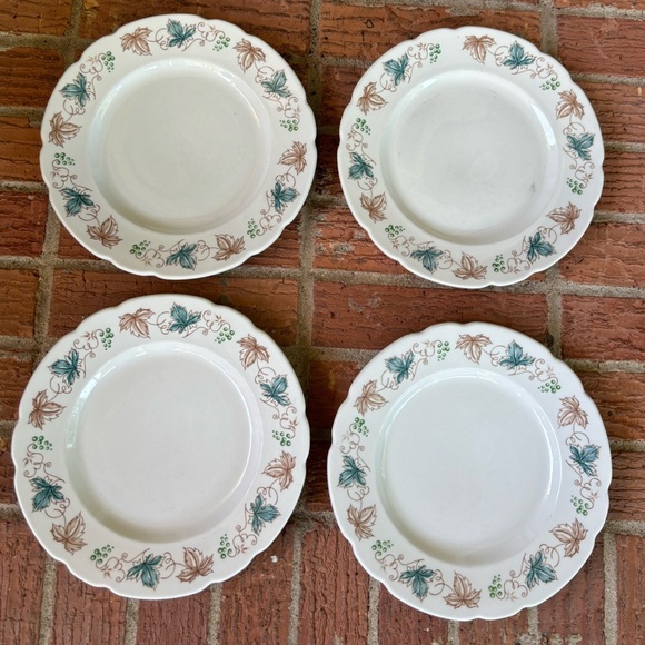 Set of 4 Vintage Walker China Vitrified Salad Plates Teal & Brown Leaves 9 1/8”